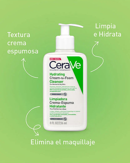 Limpiadora Crema-Espuma Hidratante Para Piel Normal a Seca CeraVe Hydrating Cream-to-Foam Cleanser For Normal to Dry Skin 236ml