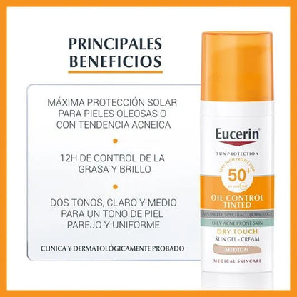 Protector Solar Toque Seco Tono Medio Eucerin Sun Face Oil Control Tinted 50ml