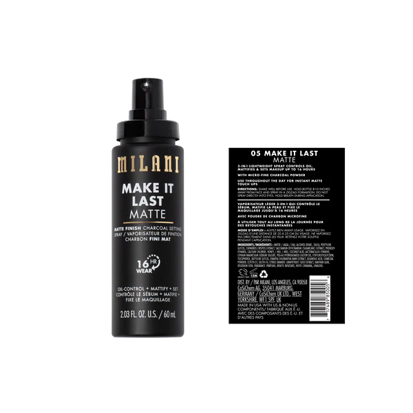 Fijador de maquillaje con carbón activado Milani Make It Last Matte 60ml