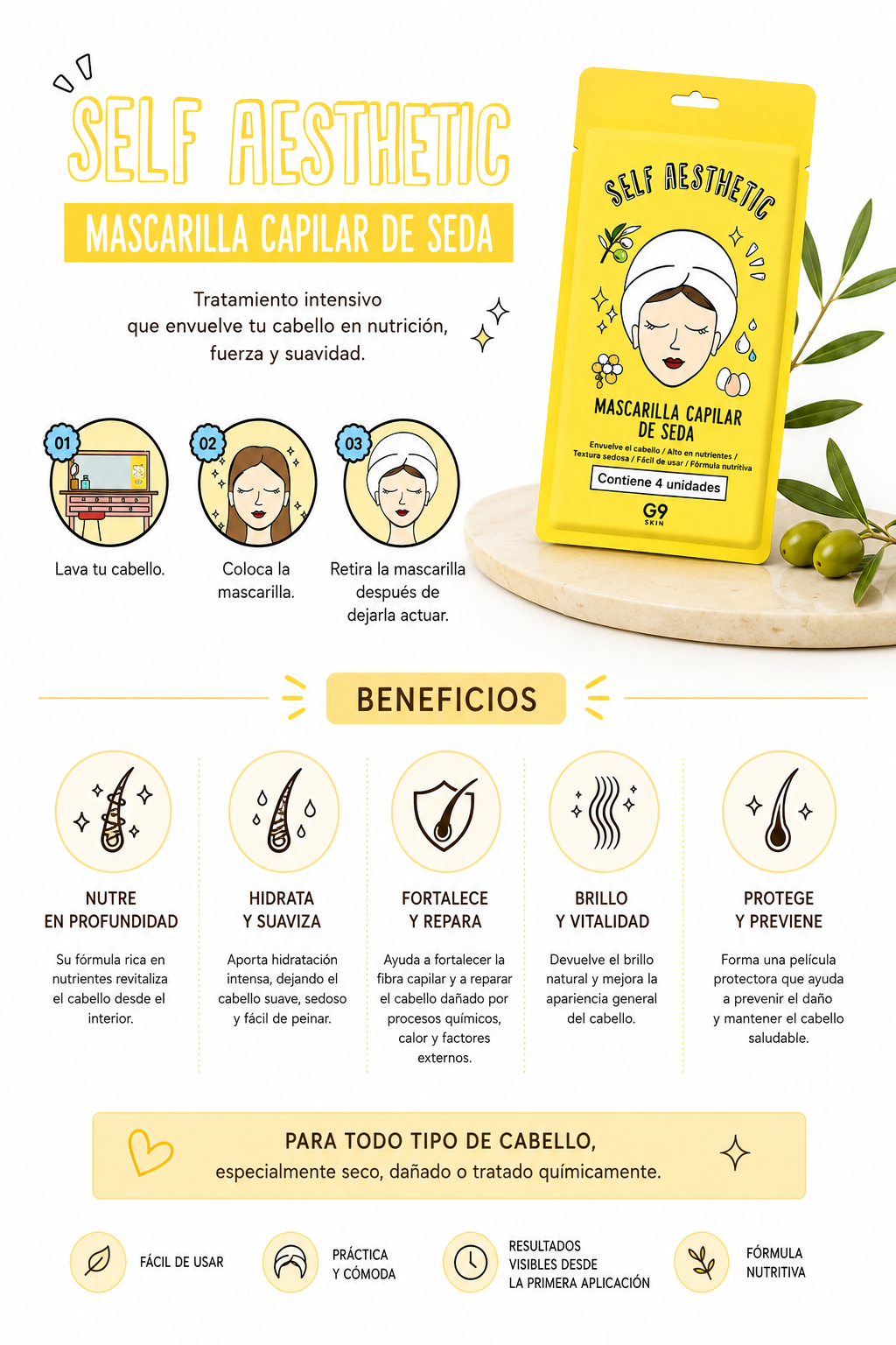 Mascarilla capilar suavizante G9 Self Aesthetic Silky Hair Mask 5 Piezas