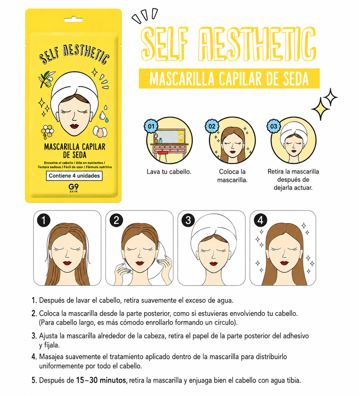 Mascarilla capilar suavizante G9 Self Aesthetic Silky Hair Mask 5 Piezas